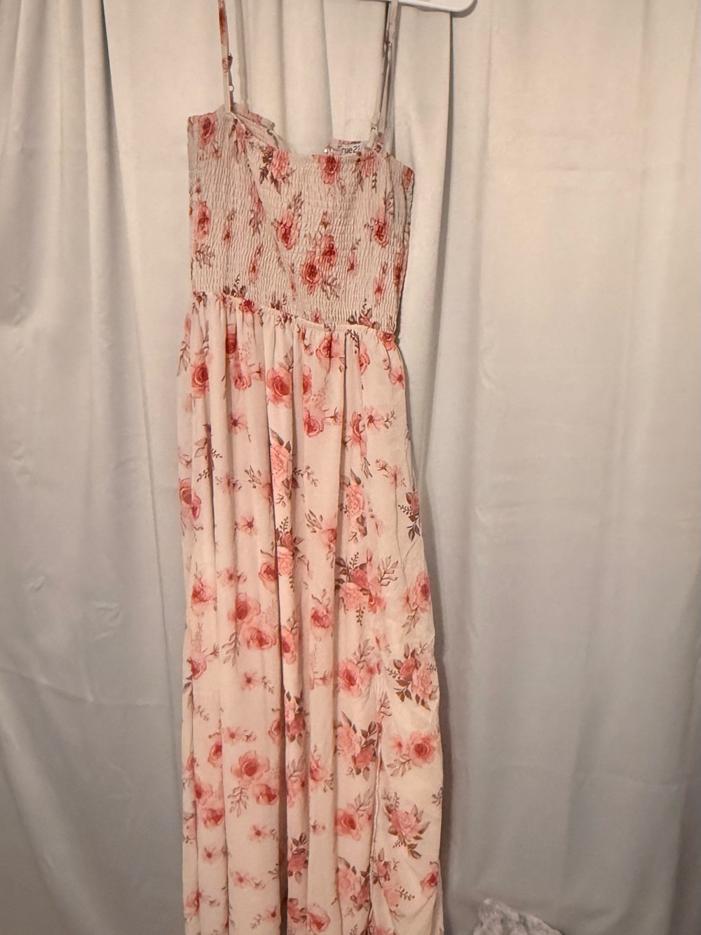Pink Floral Maxi Dress with Smocked Bodice lace-up back
